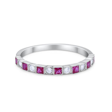 Half Eternity Wedding Ring Round Simulated Ruby CZ 925 Sterling Silver